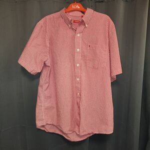 IZOD Men's Breeze Cotton Gingham Short Sleeve Button Down Red White Shirt LARGE